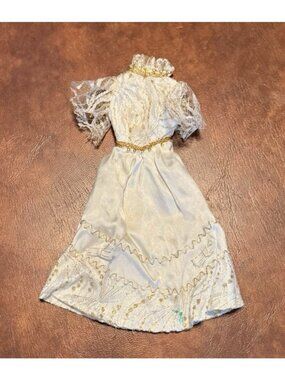 Vintage Barbie Wedding Dress Ivory Satin & Gold Lace High Neck Bridal Gown Clone
